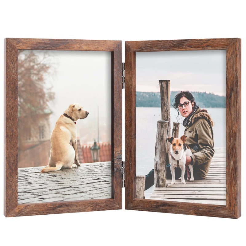 Forev 4x6 Double Picture Frame Wooden Hinged Photo Frame Definition Glass Stand Vertically on Desktop or Tabletop Rustic Wood - Image 1